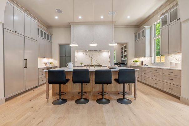 Interior, Kitchen, Marble Walls, Pendant Lights, Recessed Lighting, Wood Texture Flooring