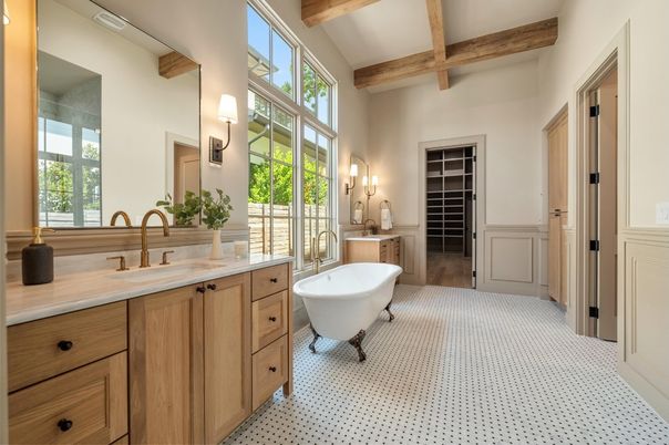 Bathroom, Dual Sink Vanities, Free Standing Baths, Interior, Wooden Beams