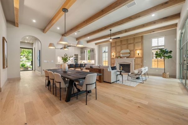 Dining room, Fireplace, Interior, Living room, Pendant Lights, Recessed Lighting, Wooden Beams, Wood Texture Flooring