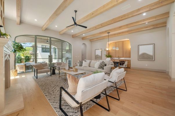 Dining room, Fireplace, Interior, Living room, Pendant Lights, Recessed Lighting, Wooden Beams, Wood Texture Flooring