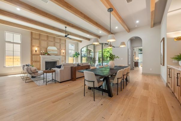 Dining room, Fireplace, Interior, Living room, Pendant Lights, Recessed Lighting, Wooden Beams, Wood Texture Flooring