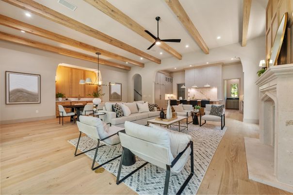 Dining room, Fireplace, Interior, Living room, Pendant Lights, Recessed Lighting, Wooden Beams, Wood Texture Flooring