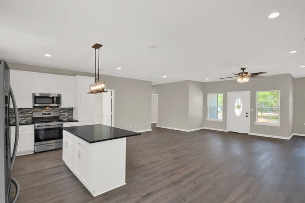 Interior, Kitchen, Pendant Lights, Recessed Lighting, Stainless Steel Appliances, Wood Texture Flooring