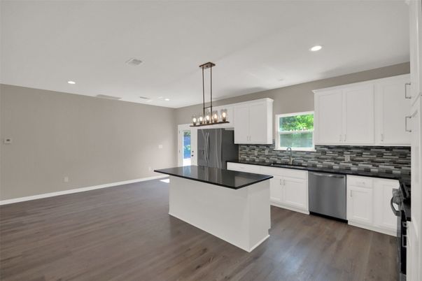 Chandelier, Interior, Kitchen, Pendant Lights, Recessed Lighting, Stainless Steel Appliances, Wood Texture Flooring