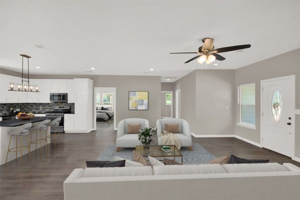 Interior, Kitchen, Living room, Pendant Lights, Recessed Lighting, Stainless Steel Appliances, Wood Texture Flooring