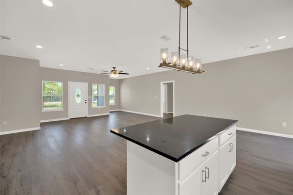 Chandelier, Empty room, Interior, Kitchen, Pendant Lights, Recessed Lighting, Wood Texture Flooring