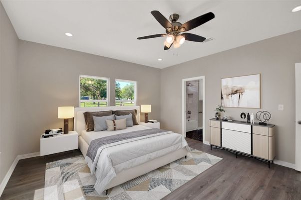 Bedroom, Interior, Recessed Lighting, Wood Texture Flooring