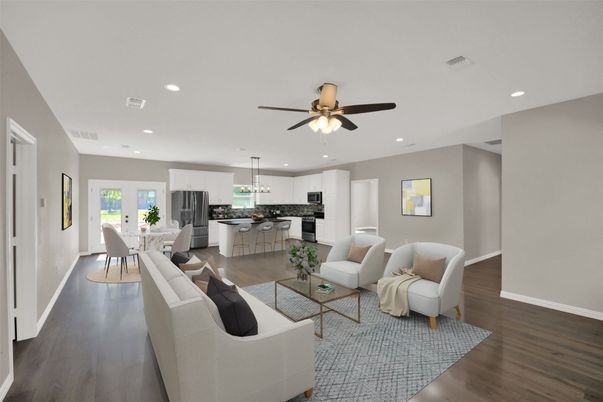 Dining room, Interior, Kitchen, Living room, Pendant Lights, Recessed Lighting, Wood Texture Flooring