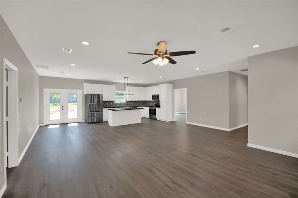 Empty room, Interior, Kitchen, Pendant Lights, Recessed Lighting, Wood Texture Flooring
