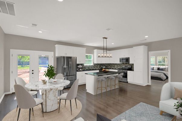 Chandelier, Dining room, Interior, Kitchen, Pendant Lights, Recessed Lighting, Stainless Steel Appliances, Wood Texture Flooring
