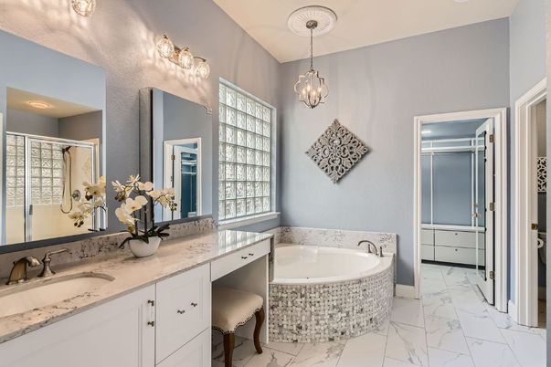 Bathroom, Dual Sink Vanities, Interior, Marble, Pendant Lights