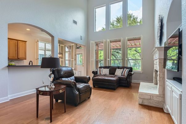 Fireplace, Interior, Living room, Recessed Lighting, Wood Texture Flooring