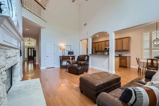 Dining room, Fireplace, Interior, Kitchen, Living room, Pendant Lights, Recessed Lighting, Wood Texture Flooring