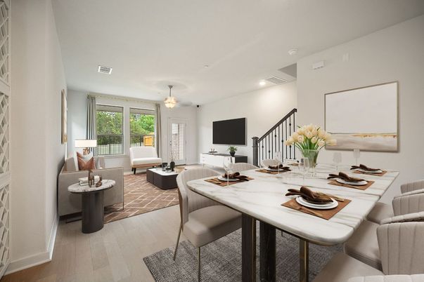 Dining room, Interior, Living room, Pendant Lights, Recessed Lighting, Wood Texture Flooring