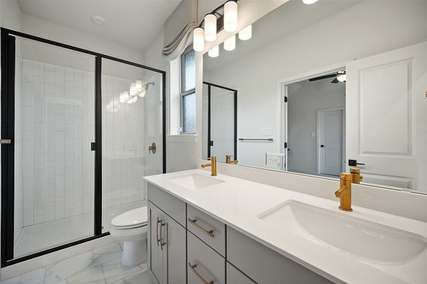 Bathroom, Dual Sink Vanities, Glass Shower, Interior, Marble