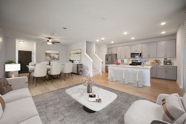 Dining room, Interior, Kitchen, Living room, Recessed Lighting, Stainless Steel Appliances, Wood Texture Flooring