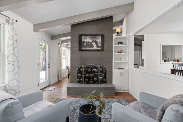 Fireplace, Interior, Living room, Stone Walls, Wood Texture Flooring