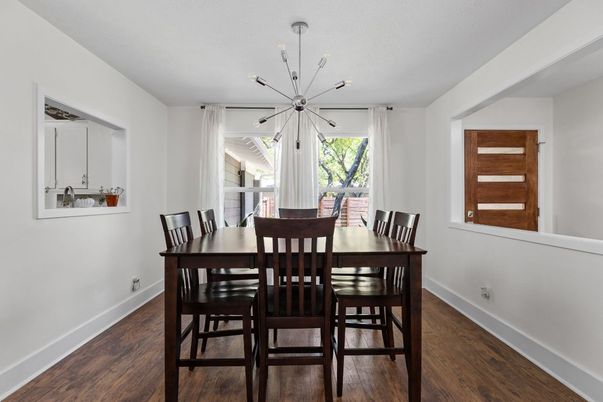 Dining room, Interior, Pendant Lights, Wood Texture Flooring