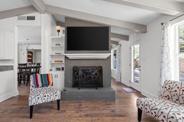 Dining room, Fireplace, Interior, Wood Texture Flooring