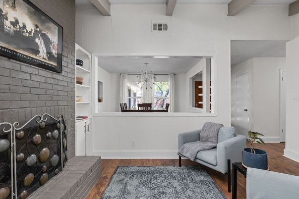 Fireplace, Interior, Pendant Lights, Stone Walls, Wood Texture Flooring