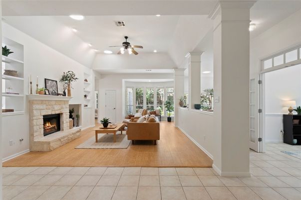 Fireplace, Interior, Living room, Recessed Lighting, Wood Texture Flooring
