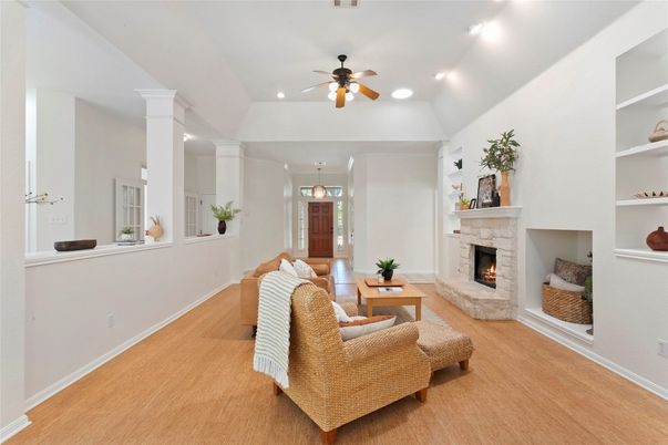 Fireplace, Interior, Living room, Pendant Lights, Recessed Lighting, Wood Texture Flooring