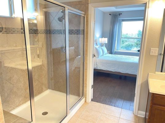 Bathroom, Glass Shower, Interior, Wood Texture Flooring