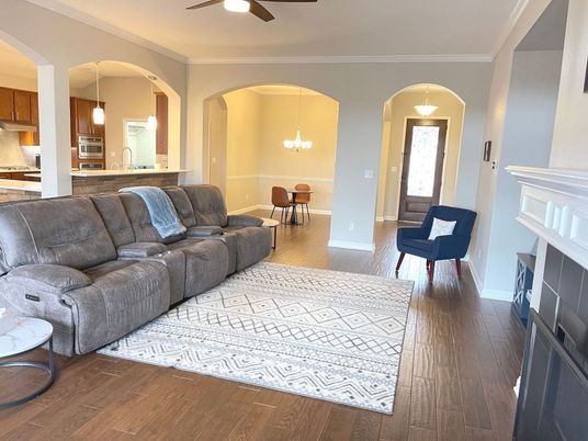 Dining room, Interior, Kitchen, Living room, Pendant Lights, Wood Texture Flooring