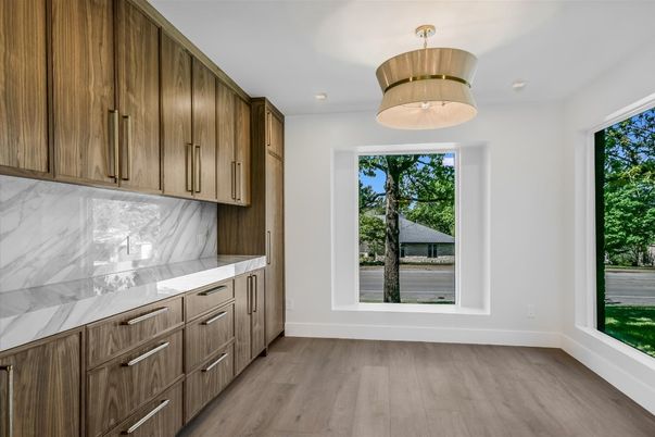 Interior, Kitchen, Marble Walls, Pendant Lights, Wood Texture Flooring