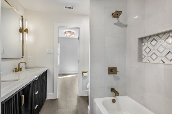 Bathroom, Dual Sink Vanities, Interior, Wood Texture Flooring