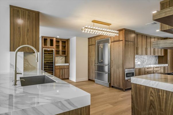 Chandelier, Interior, Kitchen, Recessed Lighting, Stainless Steel Appliances, Wood Texture Flooring