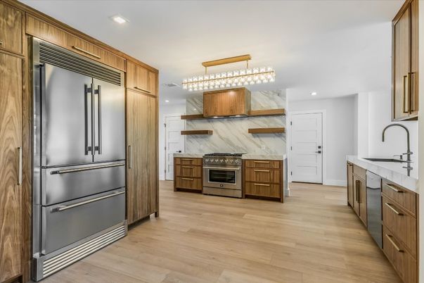 Chandelier, Interior, Kitchen, Recessed Lighting, Stainless Steel Appliances, Wood Texture Flooring