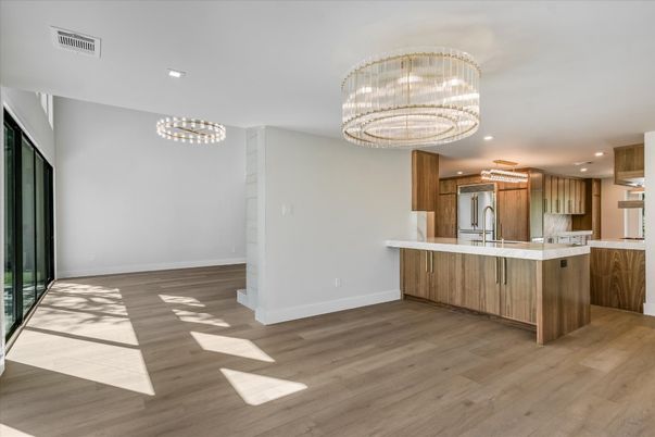 Chandelier, Interior, Kitchen, Recessed Lighting, Wood Texture Flooring