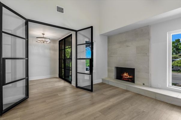 Chandelier, Empty room, Fireplace, Interior, Wood Texture Flooring