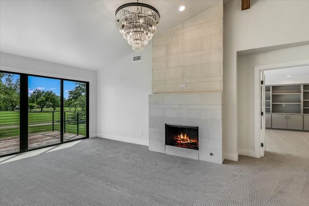 Chandelier, Empty room, Fireplace, Interior, Recessed Lighting