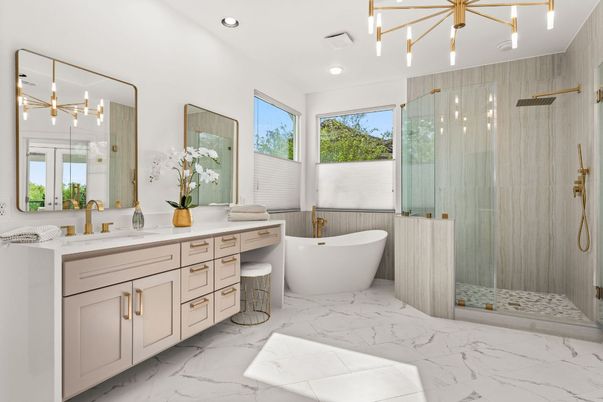 Bathroom, Dual Sink Vanities, Free Standing Baths, Glass Shower, Interior, Marble, Pendant Lights, Recessed Lighting