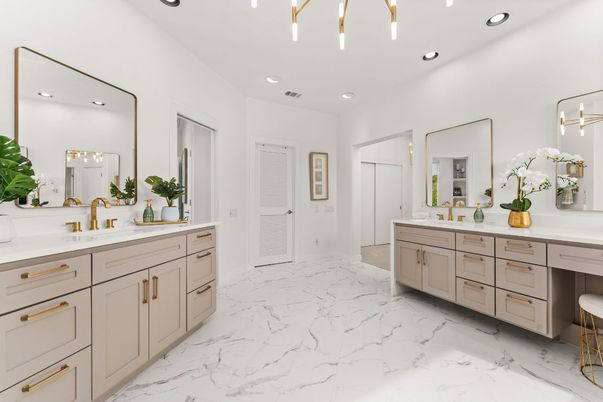 Bathroom, Dual Sink Vanities, Interior, Marble, Recessed Lighting