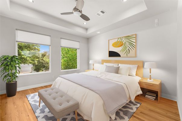 Bedroom, Interior, Recessed Lighting, Wood Texture Flooring
