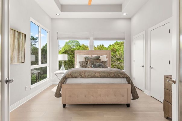 Bedroom, Interior, Recessed Lighting, Wood Texture Flooring