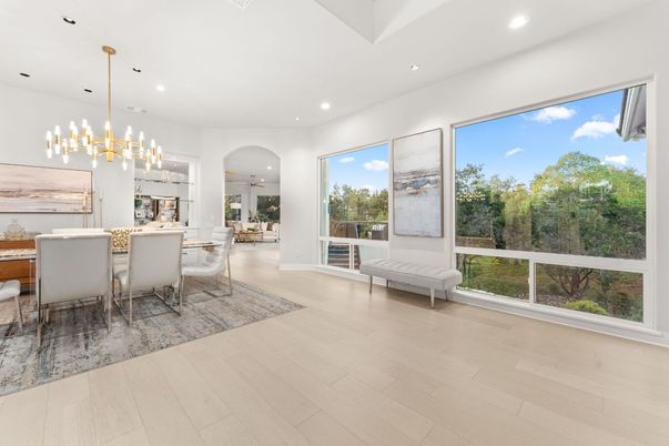Dining room, Interior, Pendant Lights, Recessed Lighting, Wood Texture Flooring