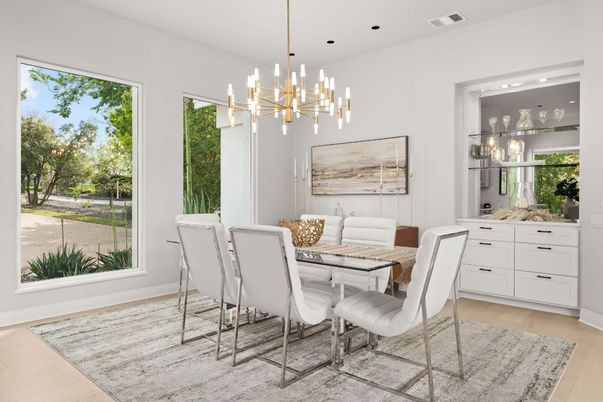 Dining room, Interior, Pendant Lights, Recessed Lighting, Wood Texture Flooring