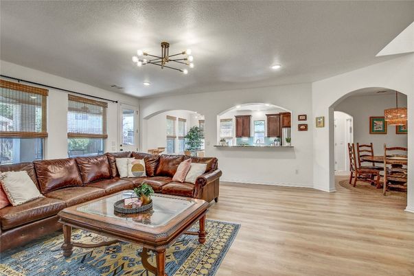 Dining room, Interior, Living room, Recessed Lighting, Wood Texture Flooring