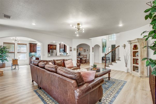 Dining room, Interior, Living room, Recessed Lighting, Wood Texture Flooring