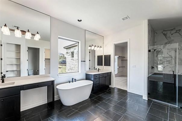 Bathroom, Dual Sink Vanities, Free Standing Baths, Glass Shower, Interior, Marble Walls, Recessed Lighting