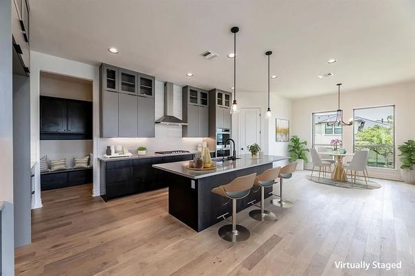Dining room, Interior, Kitchen, Pendant Lights, Recessed Lighting, Stainless Steel Appliances, Wood Texture Flooring