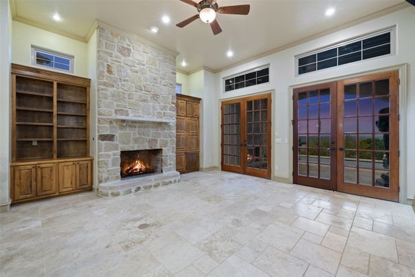 Fireplace, Interior, Recessed Lighting, Stone Walls