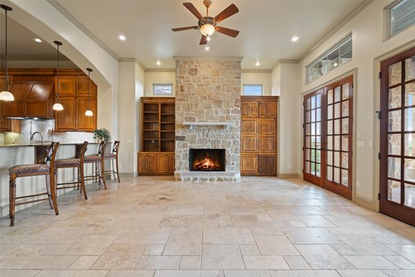 Fireplace, Interior, Kitchen, Pendant Lights, Recessed Lighting, Stone Walls