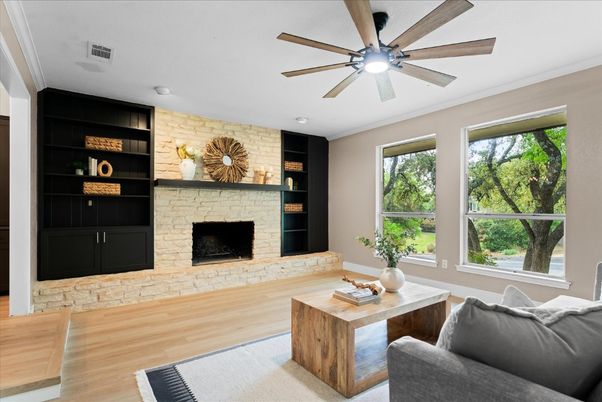 Fireplace, Interior, Living room, Stone Walls, Wood Texture Flooring