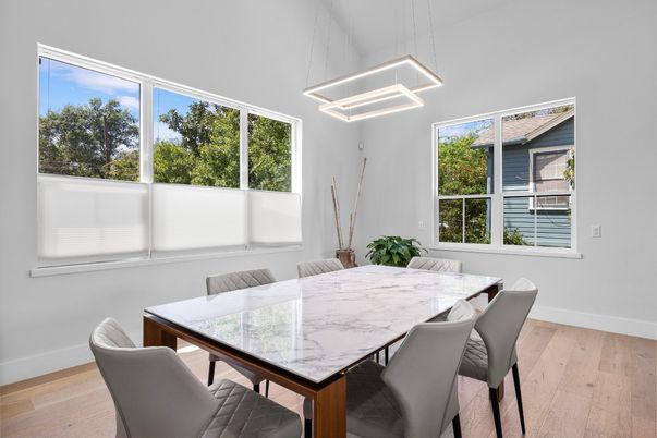 Dining room, Interior, Pendant Lights, Wood Texture Flooring