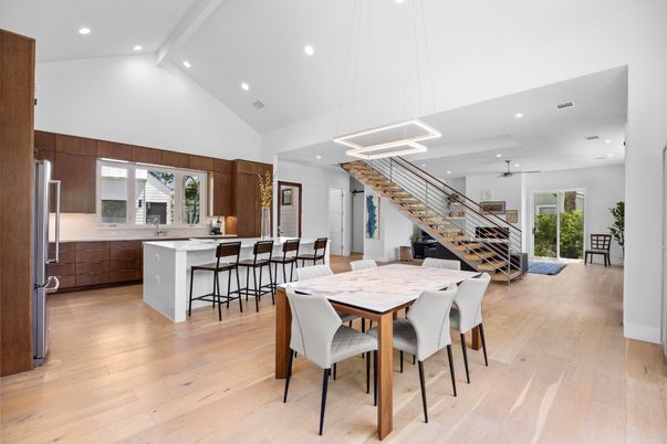 Dining room, Interior, Kitchen, Pendant Lights, Recessed Lighting, Wood Texture Flooring